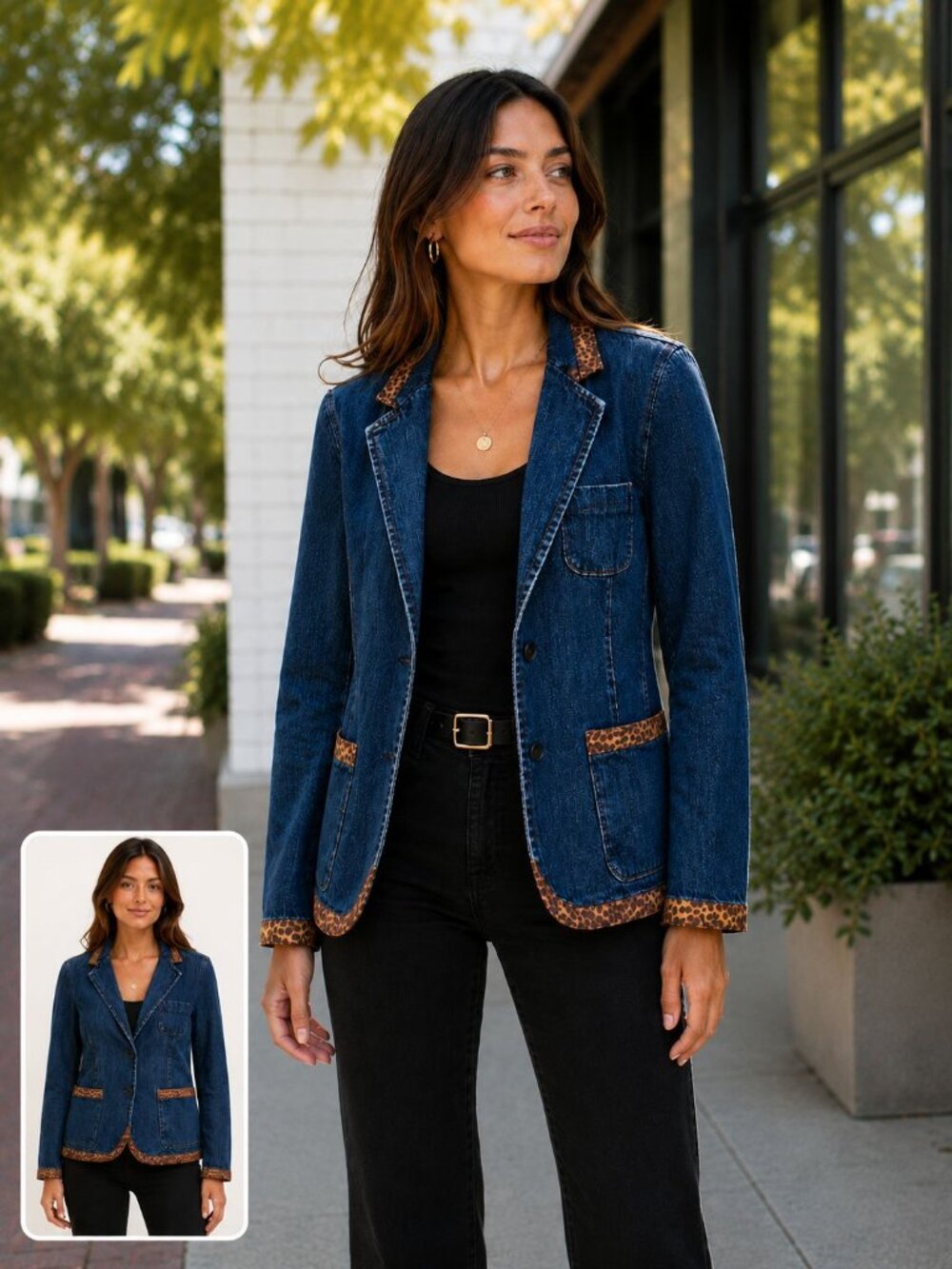 Jones New York Jeans Denim Blazer Jacket Leopard Trim Women's Medium Blue
